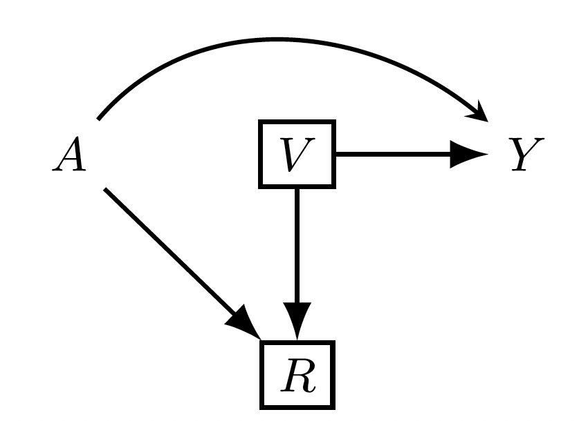DAG showing common-cause structure with variables A, V, R, Y