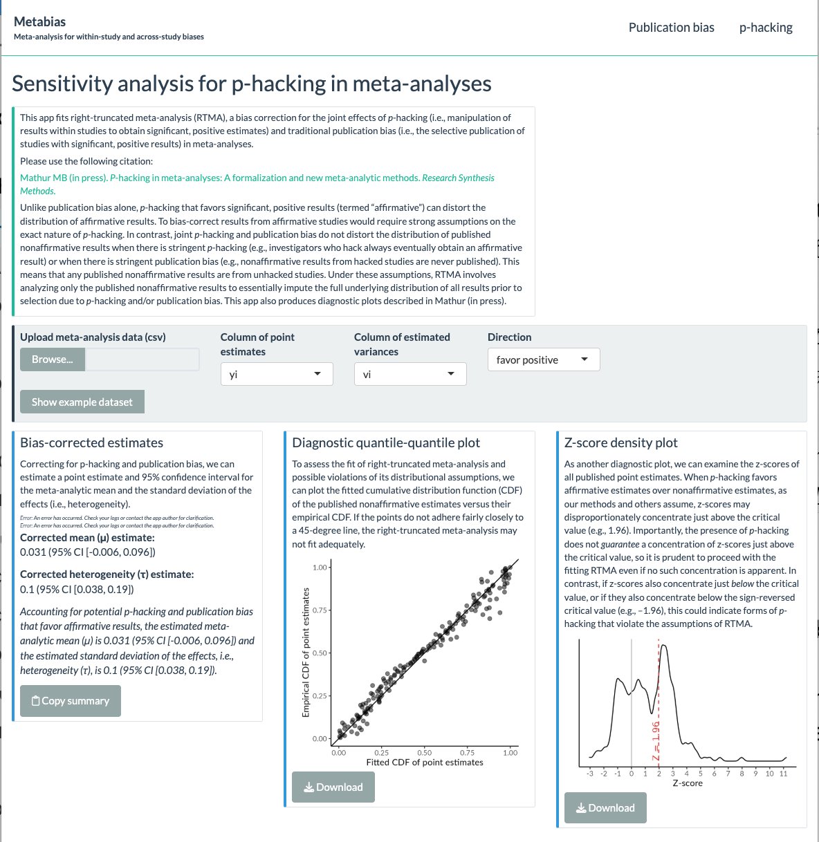 Screenshot of the metabias.io web interface showing a sensitivity analysis for p-hacking in meta-analyses